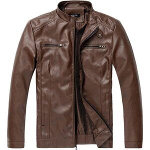 Men’s  Brown WULFUL Stand Collar Faux Leather Motorcycle Lightweight Jacket